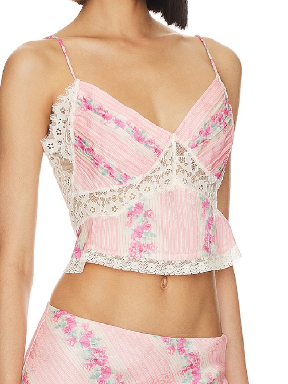 Loveshackfancy Pink Malibu Floral Stripe Lace Trim Spritely Cami Top